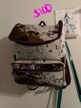 Cowhide Backpack with Purple Trim